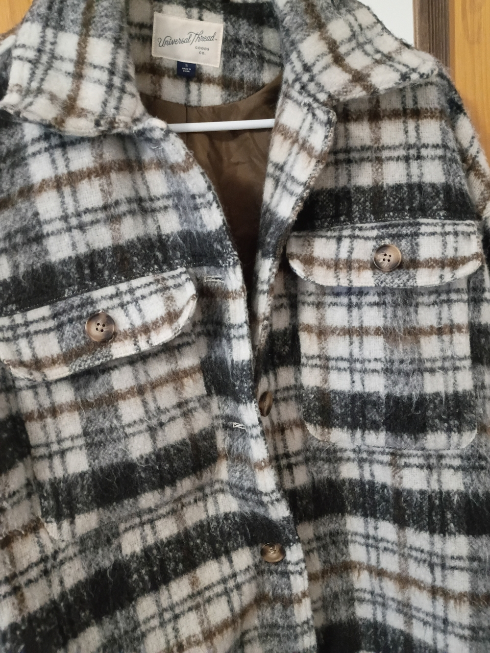Universal Thread Plaid Pea Coat in White, Black & Brown